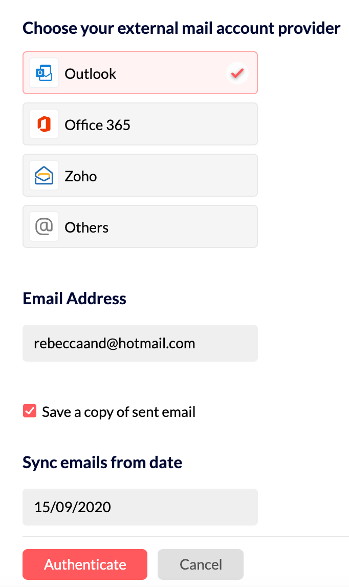 Seleccionar el proveedor de cuenta de correo electrónico externo