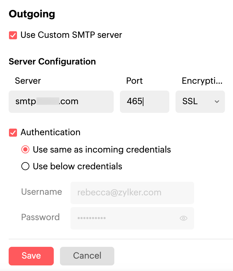 Detalles de SMTP para correo electrónico saliente