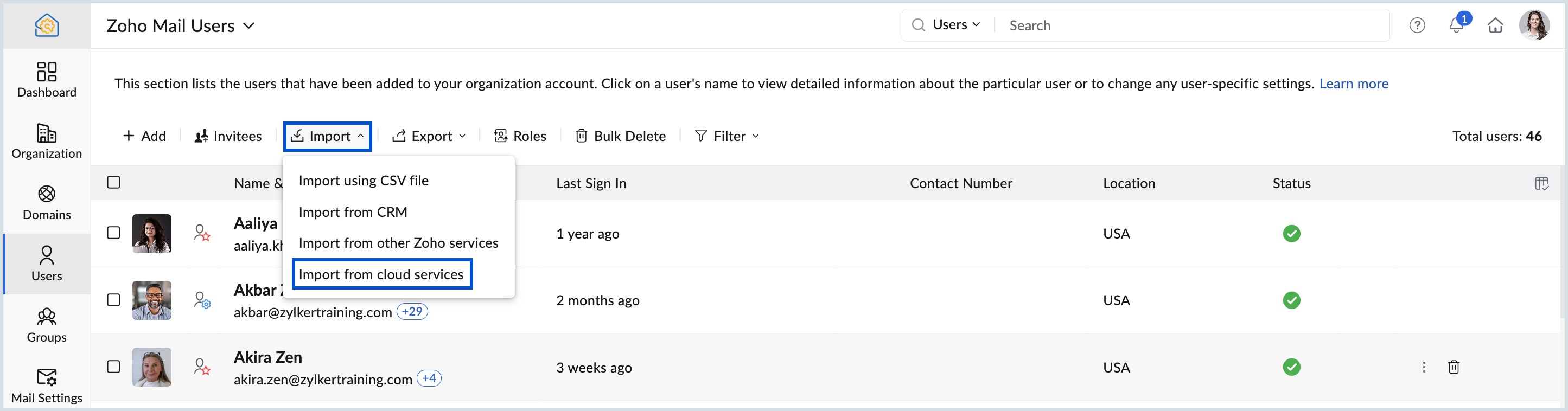 importar usuarios desde servicios en la nube a Zoho Mail