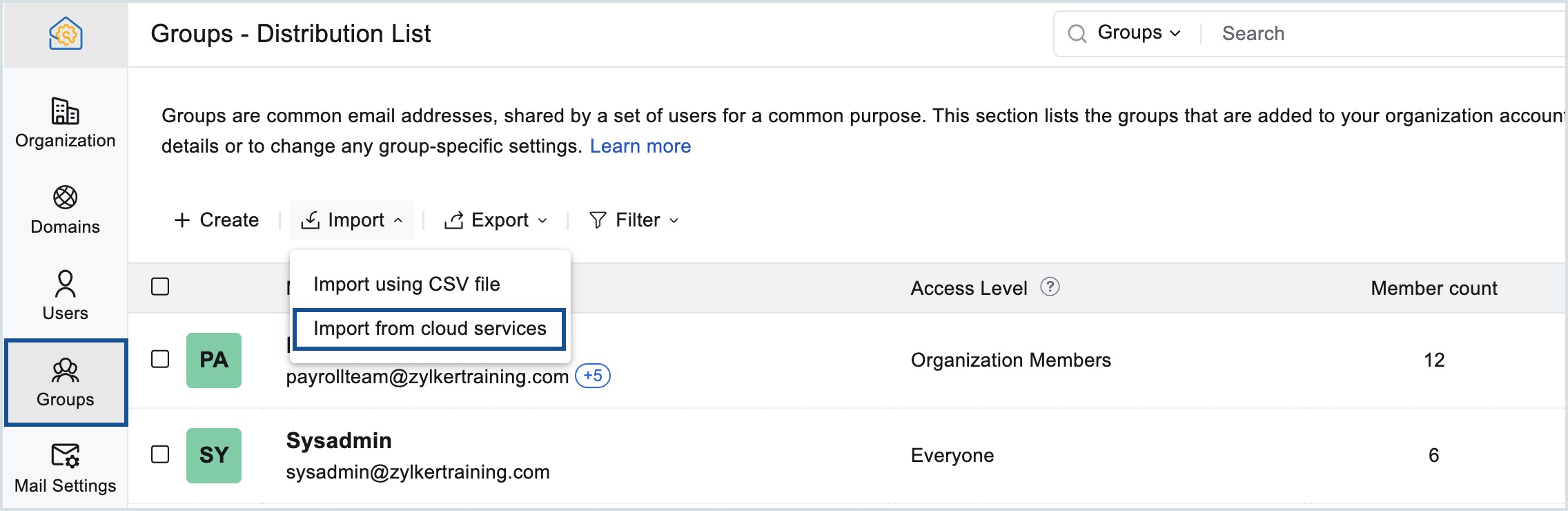 importar grupos desde servicios en la nube