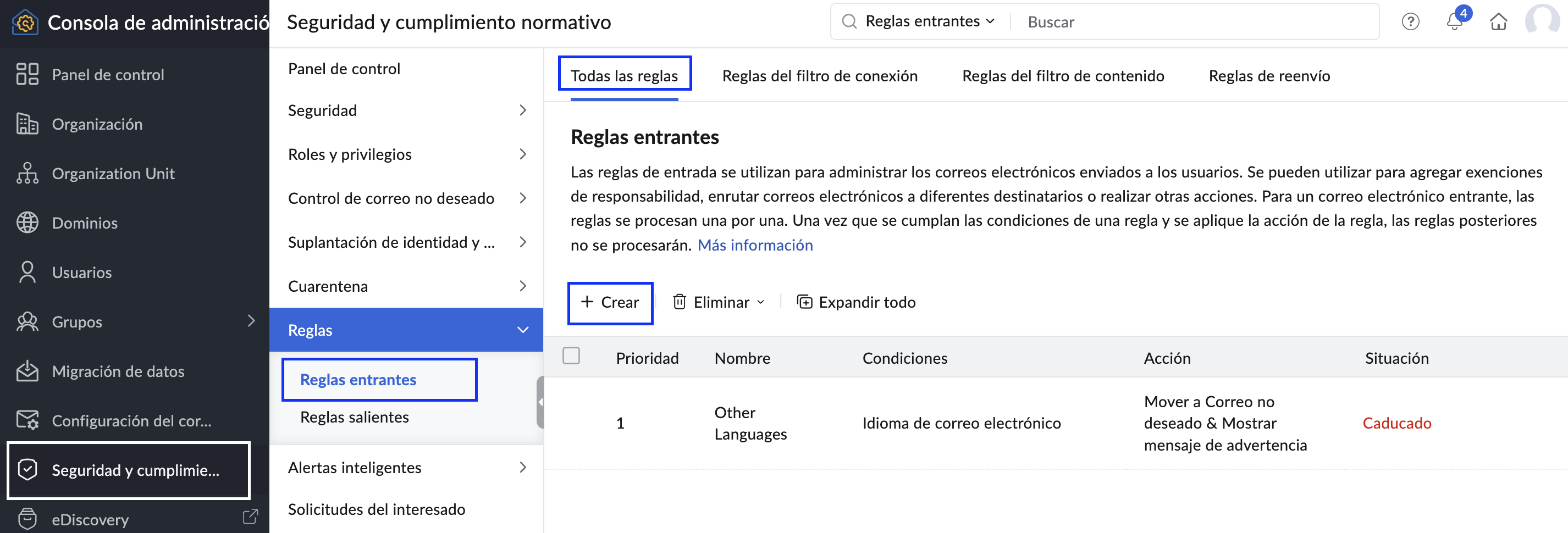 Reglas entrantes Crear una regla entrante