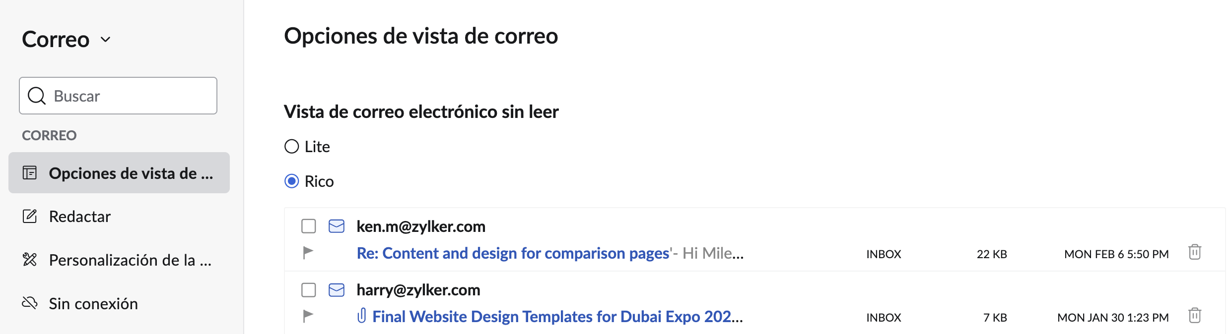 Opciones de la vista de correo.