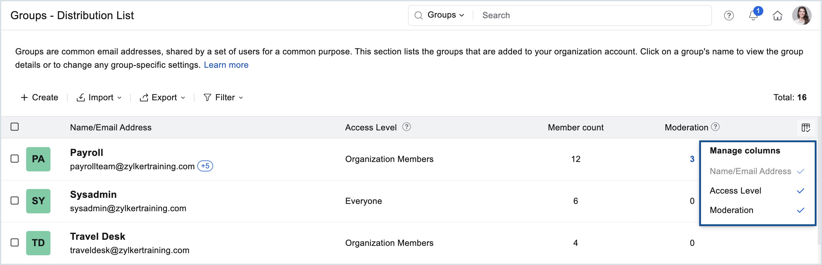 gestionar vistas de columnas de grupo