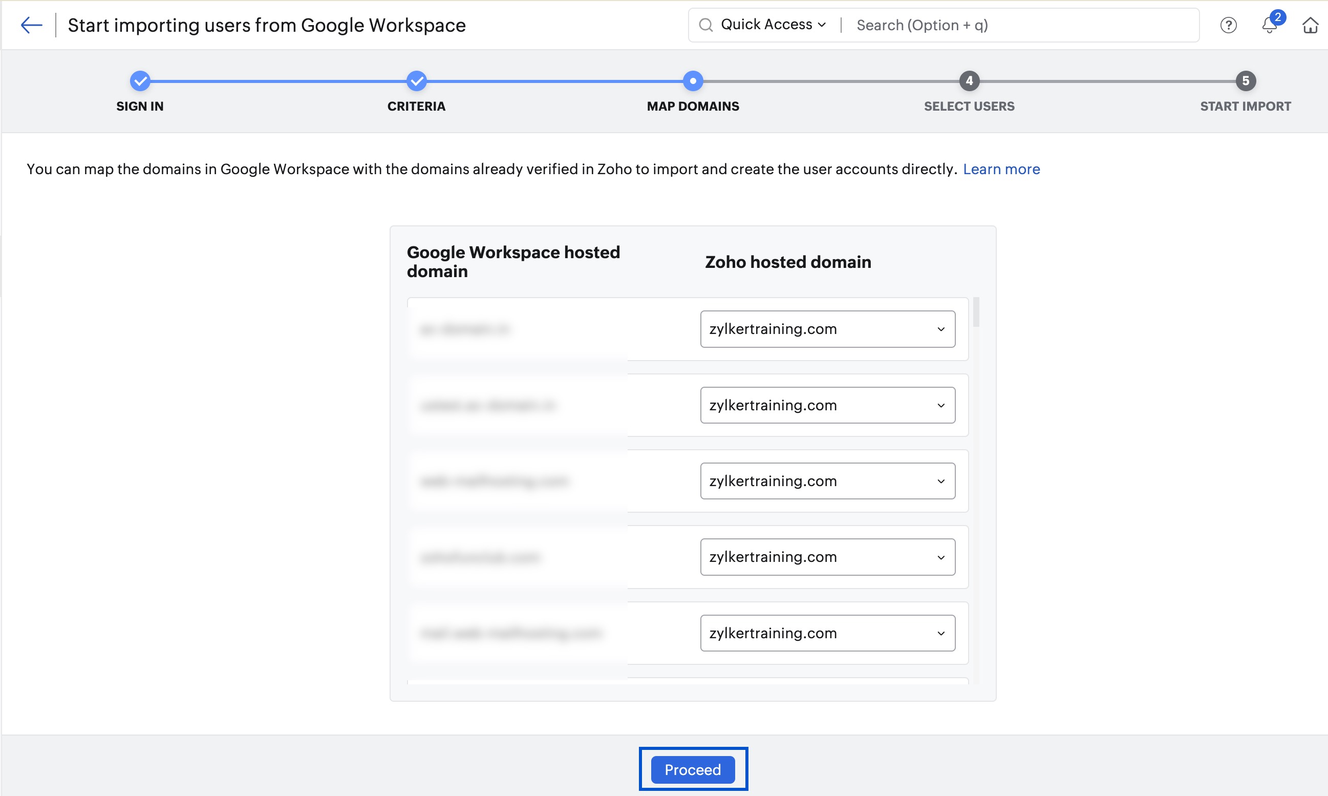 asignar dominios para la importación de usuarios desde Google Workspace