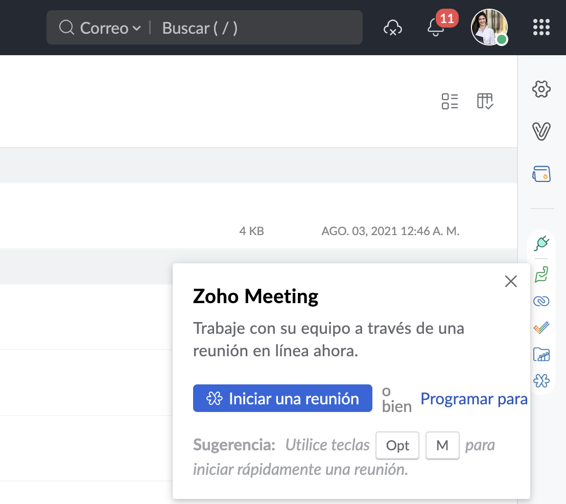 Iniciar una reunión en línea desde la bandeja de entrada