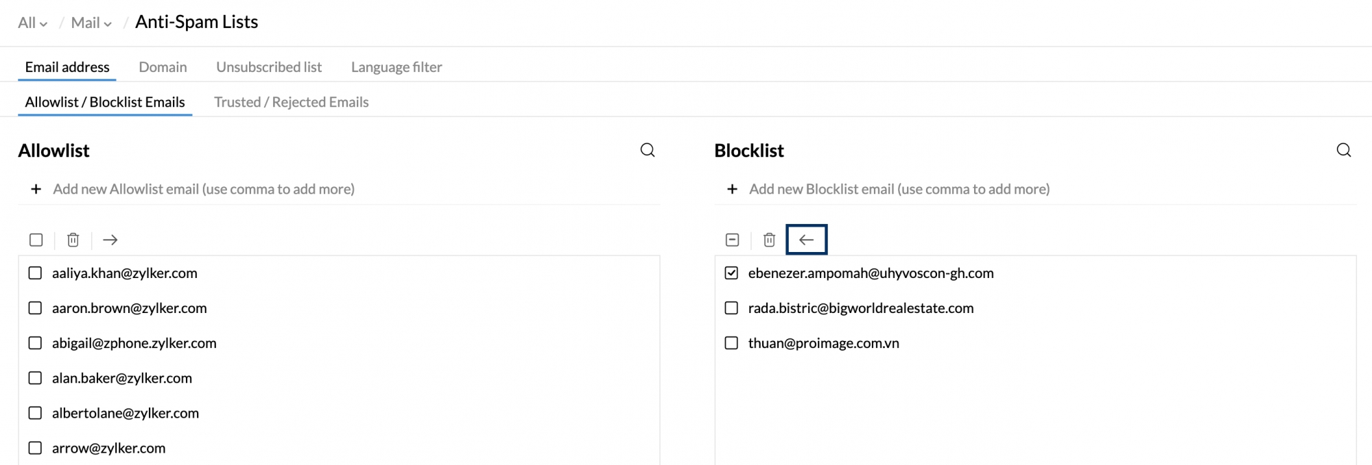 Eliminar una dirección de correo electrónico de la lista de bloqueo
