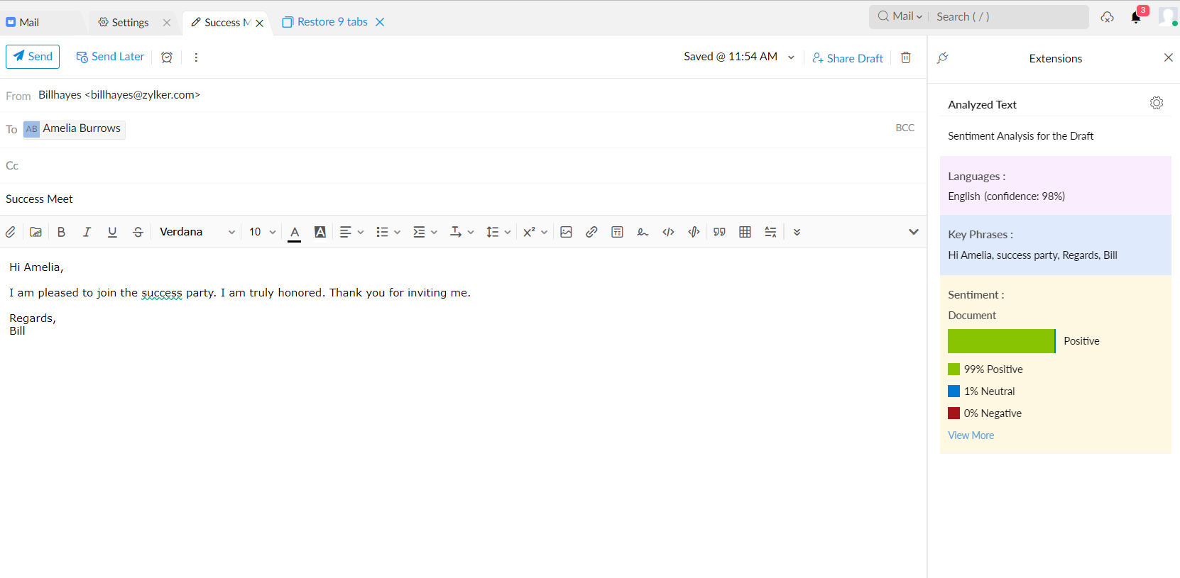 Microsoft Sentiment Analysis para Zoho Mail
