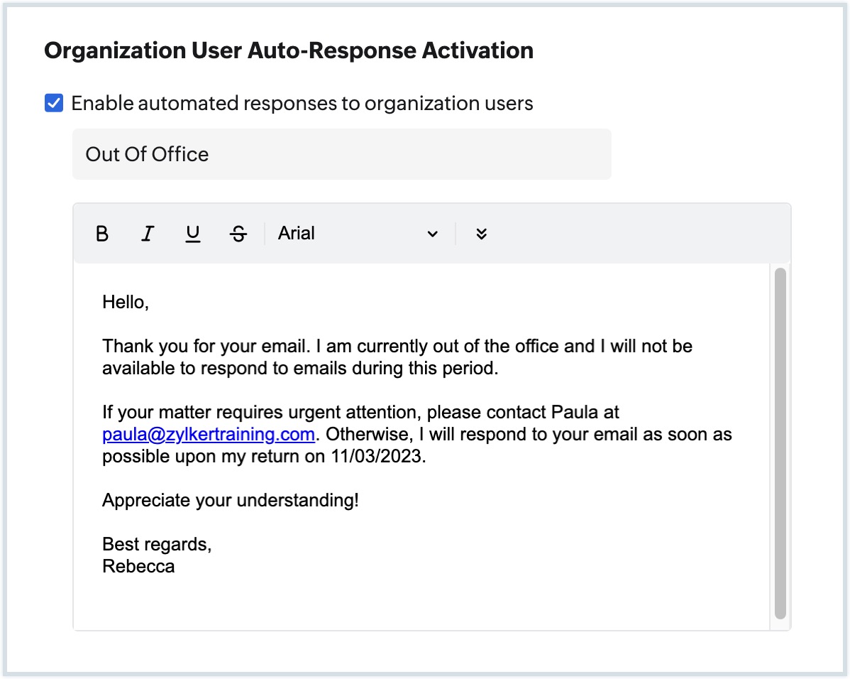 Respuesta automática para el usuario de la organización
