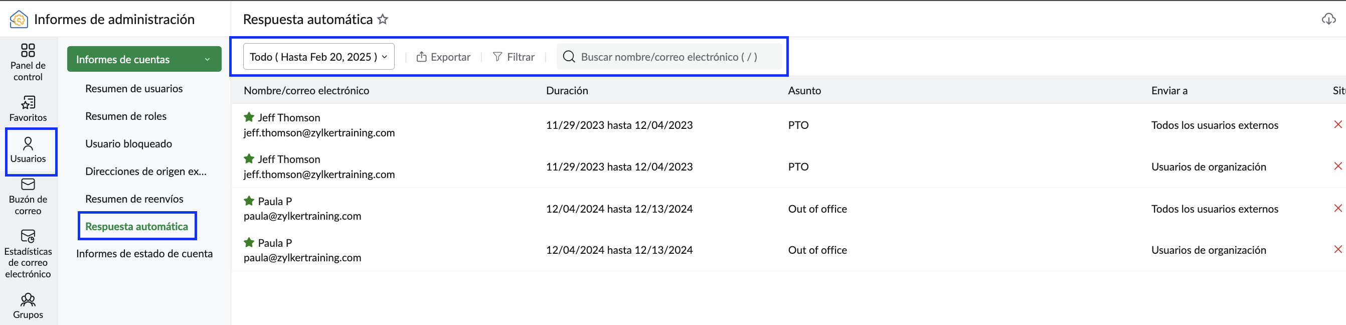 informe fuera de la oficina