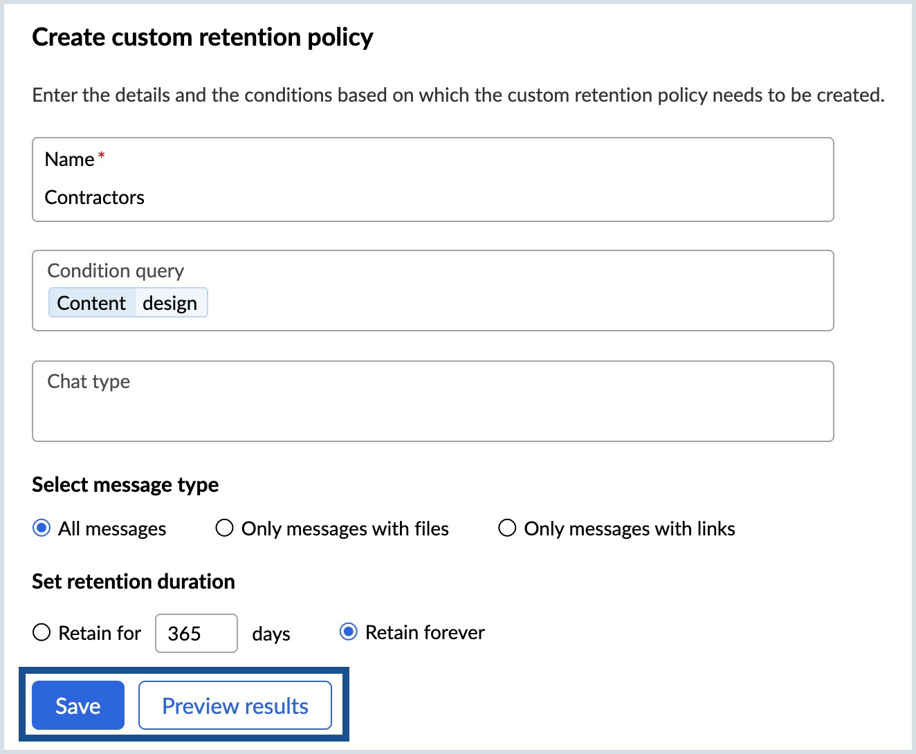 Vista previa de política de retención personalizada