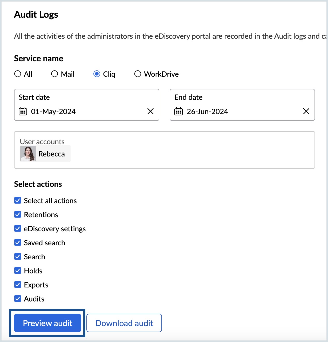 vista previa de los registros de auditoría de cliq