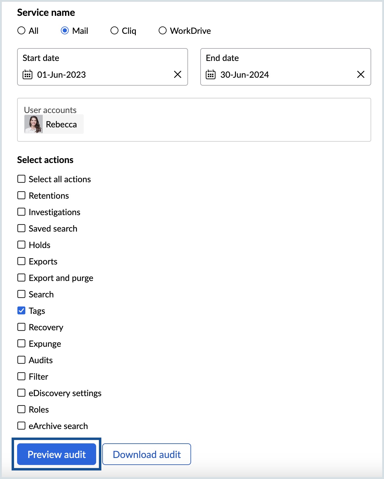 vista previa de los registros de auditoría de mail de ediscovery