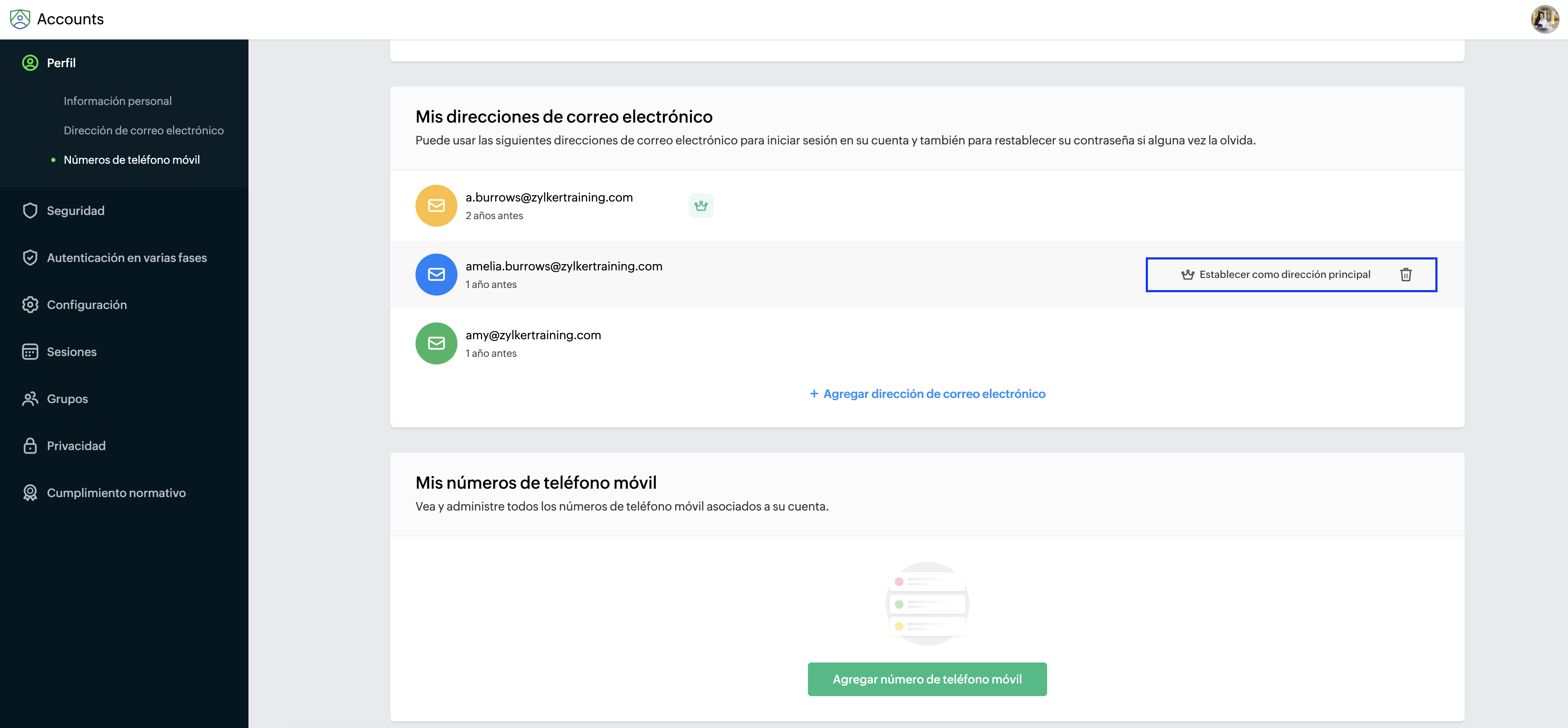 Establecer la dirección de correo electrónico principal