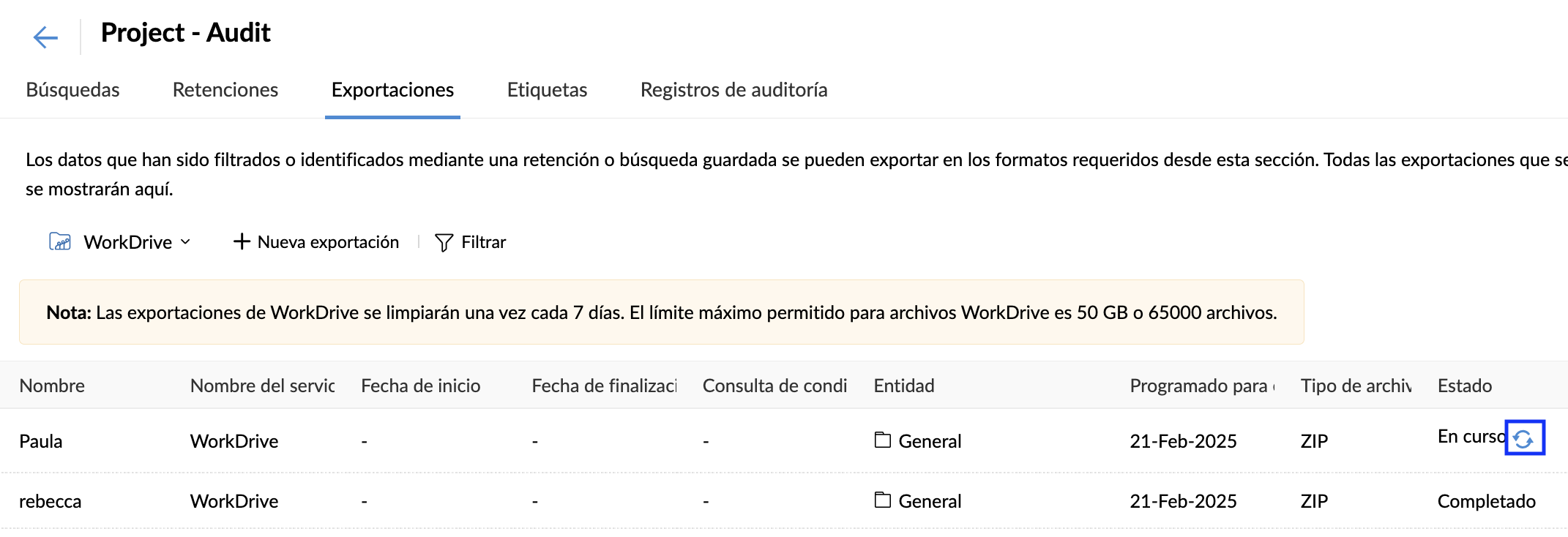 Actualizar exportación de WorkDrive