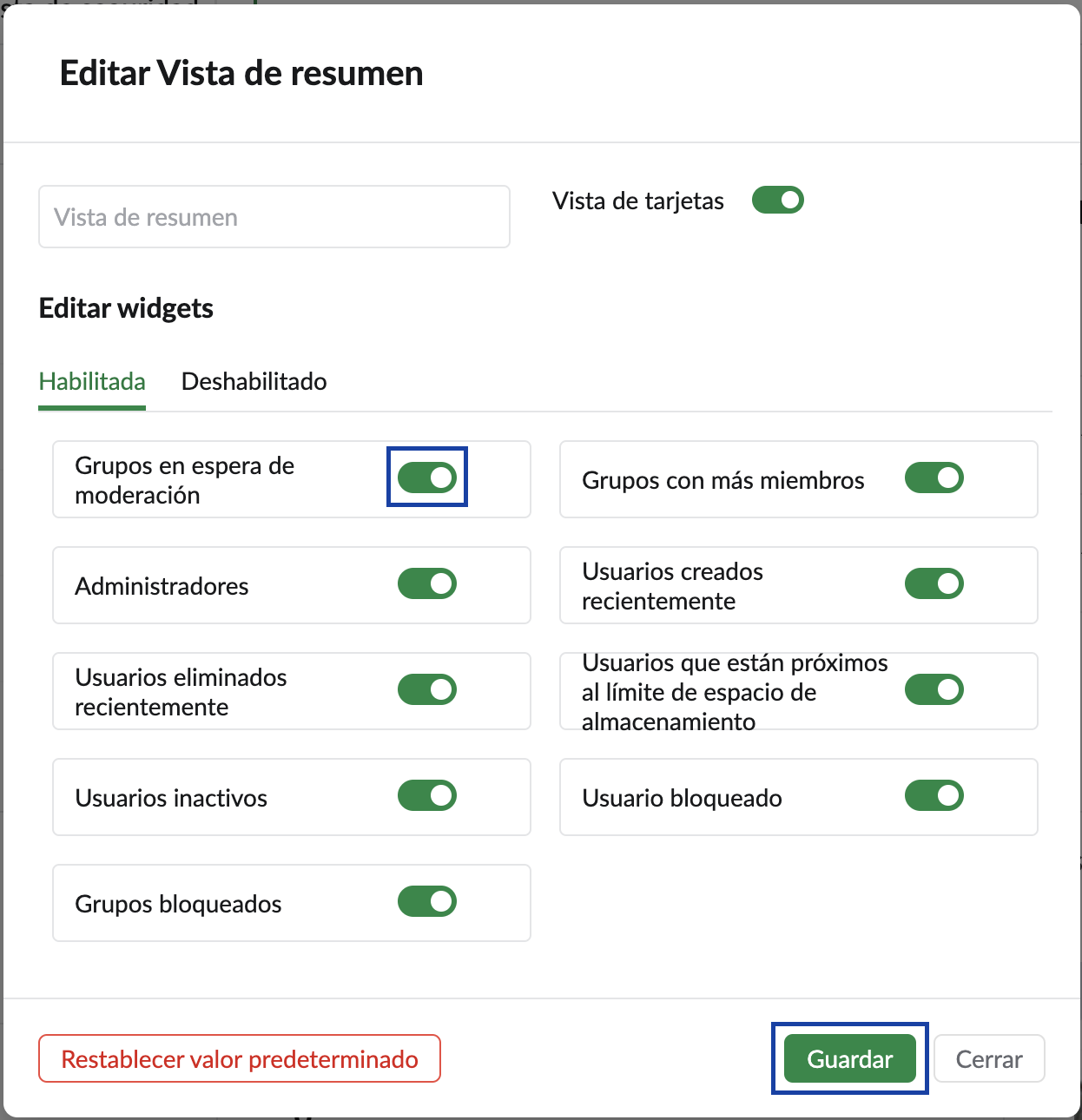 Vista de resumen