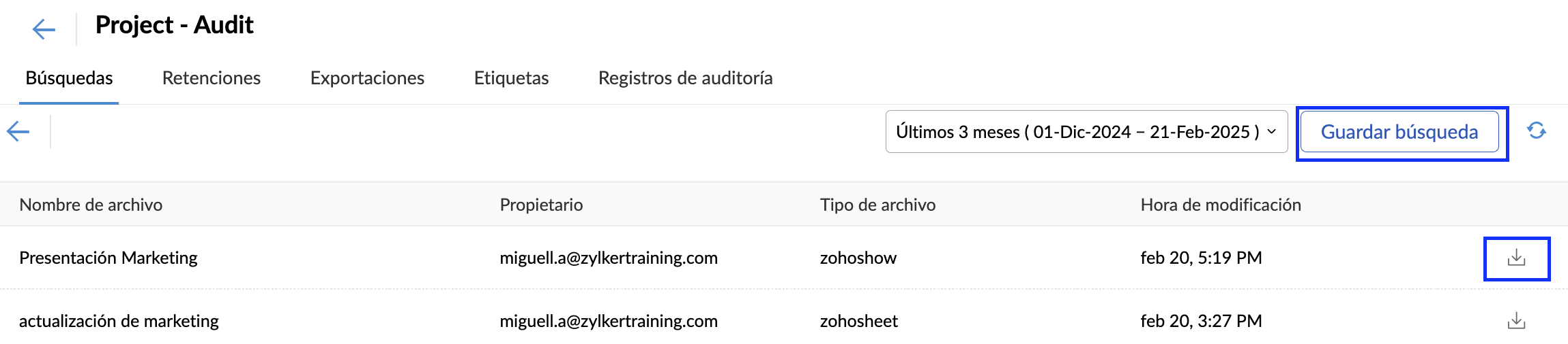 Guardar búsqueda en WorkDrive