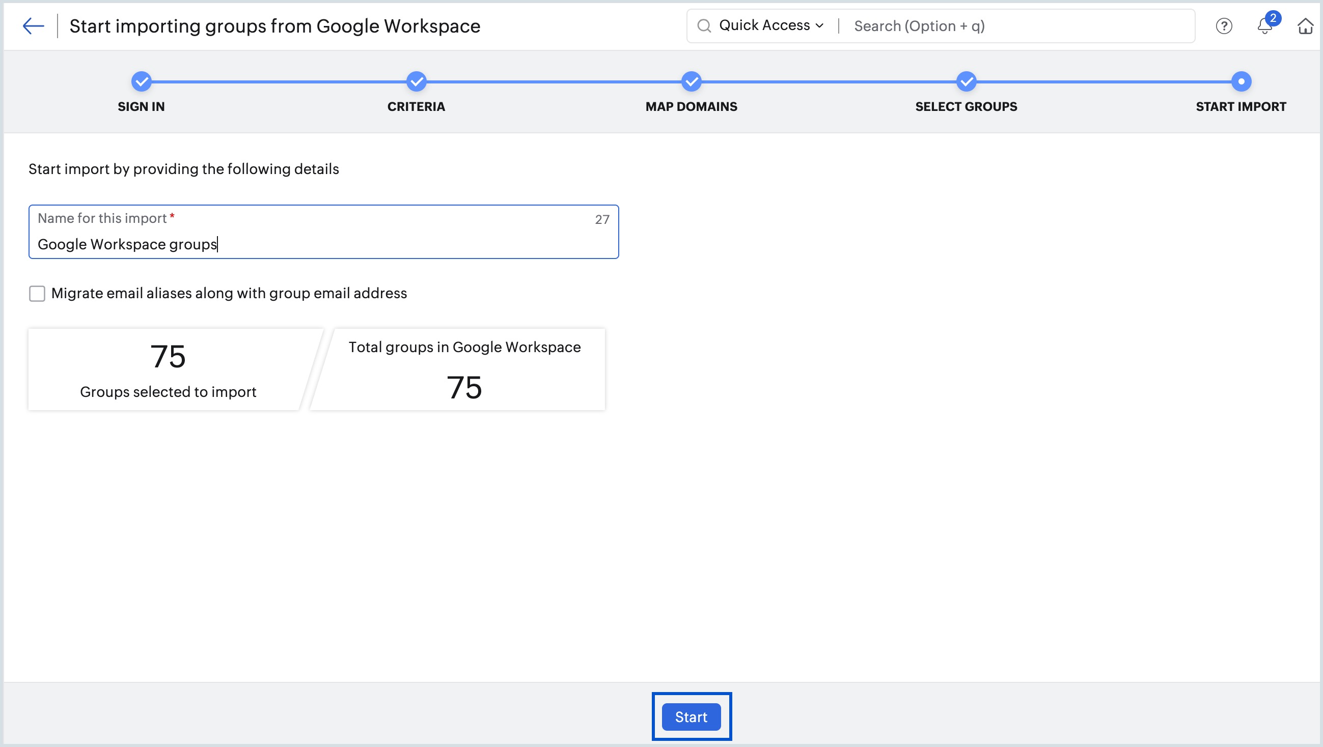 iniciar la importación desde Google Workspace