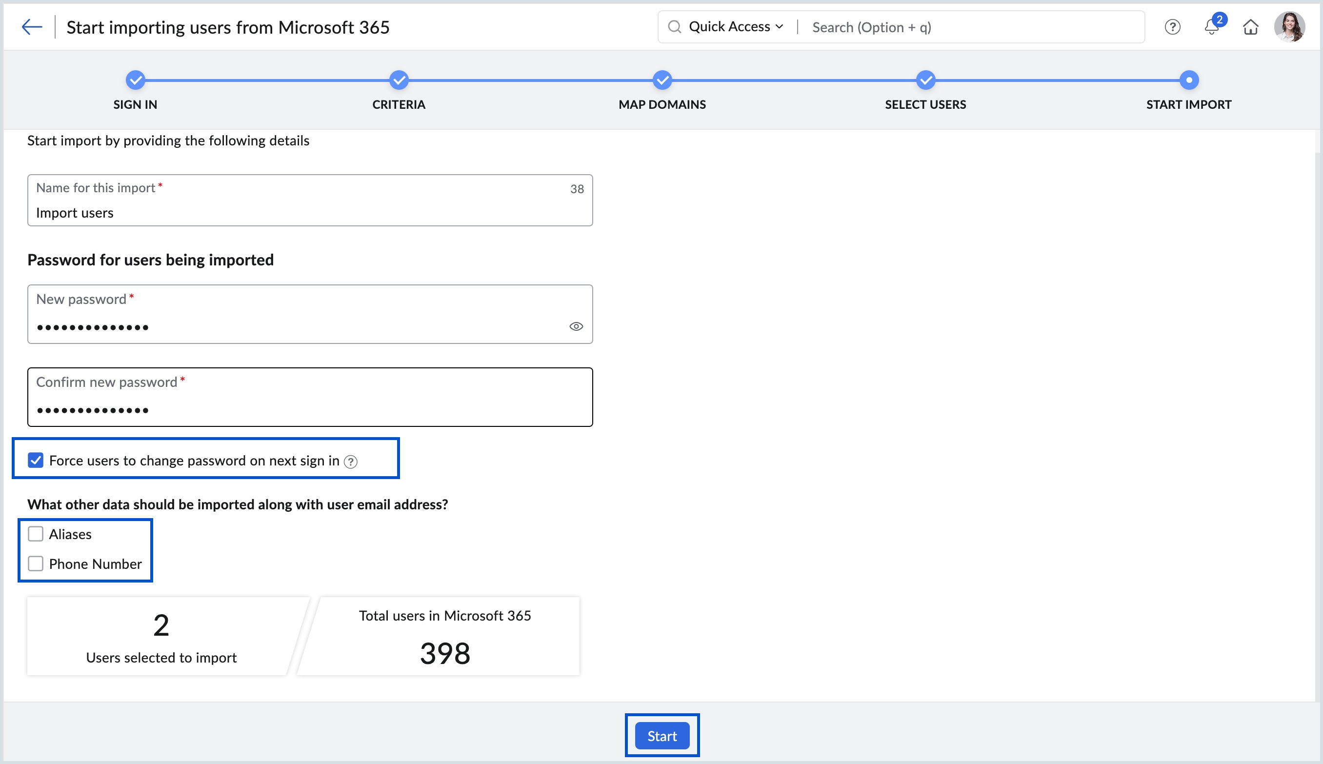 iniciar la importación de usuarios de Microsoft 365 a Zoho Mail