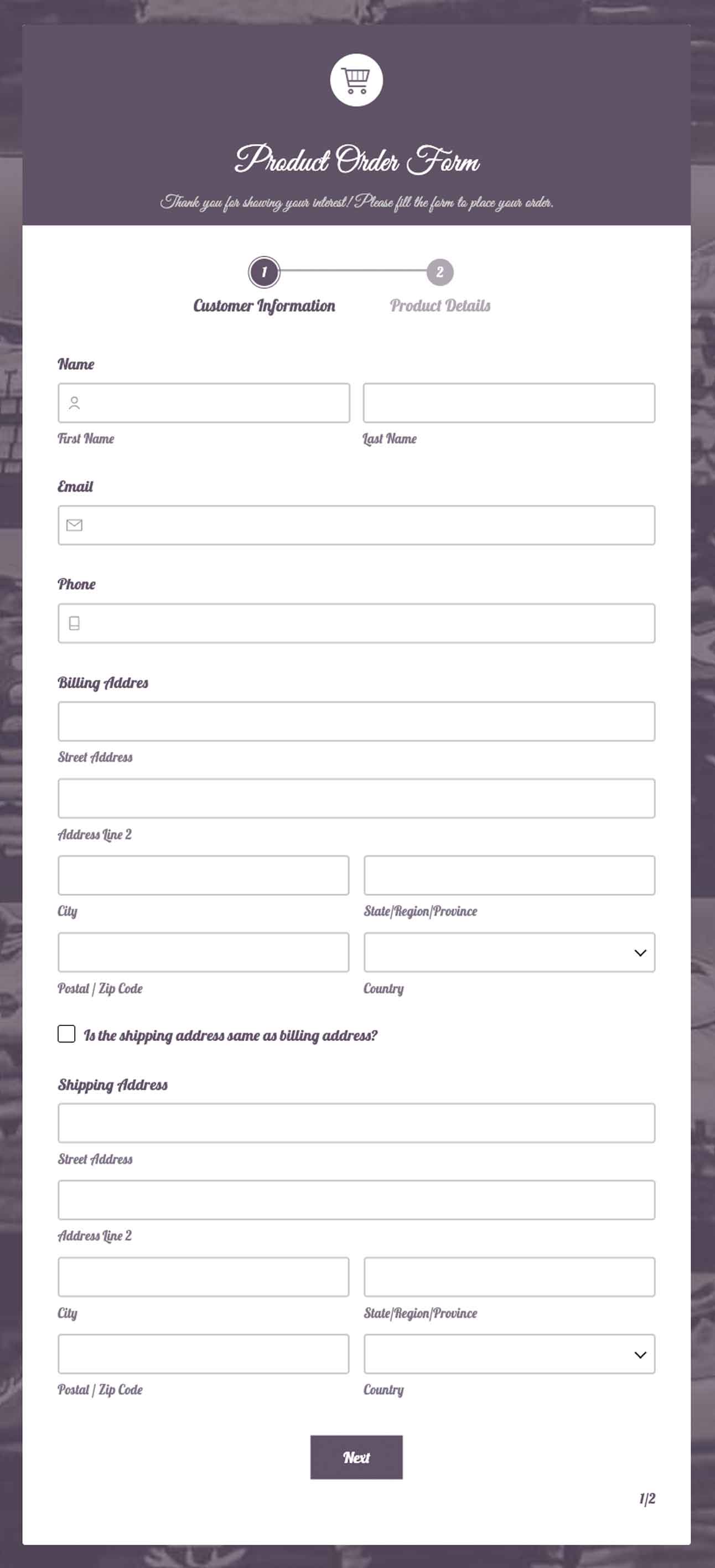 Product Order form