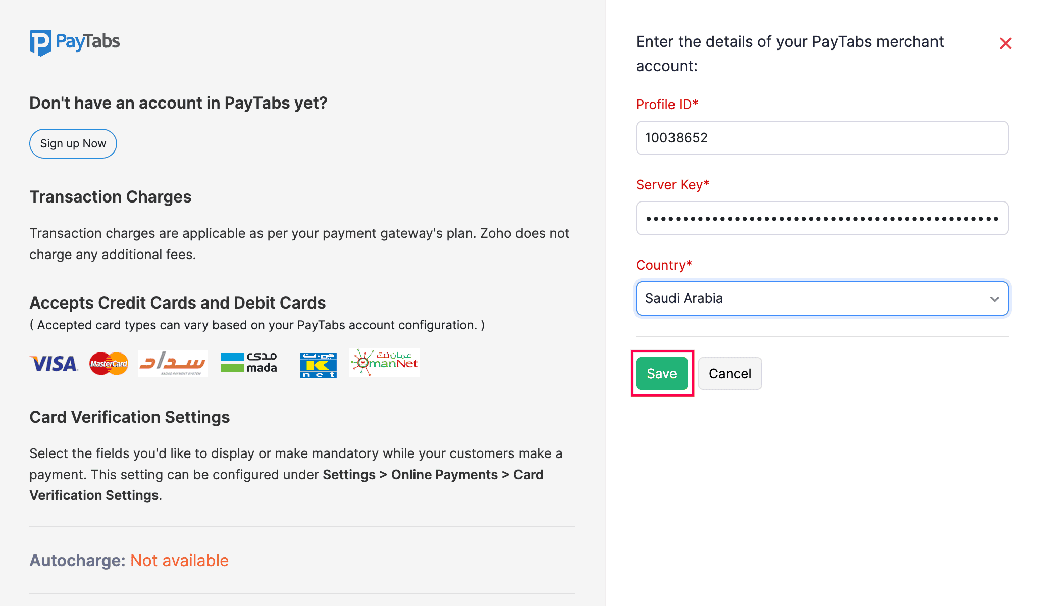 Enter PayTabs Credentials