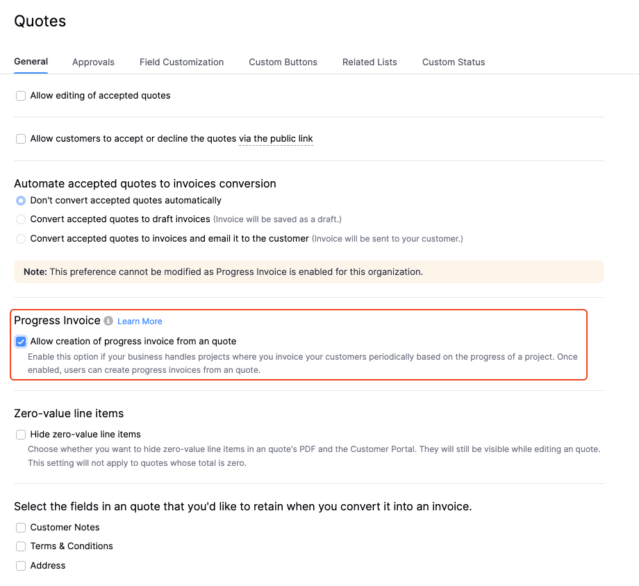 Enable Progress Invoices