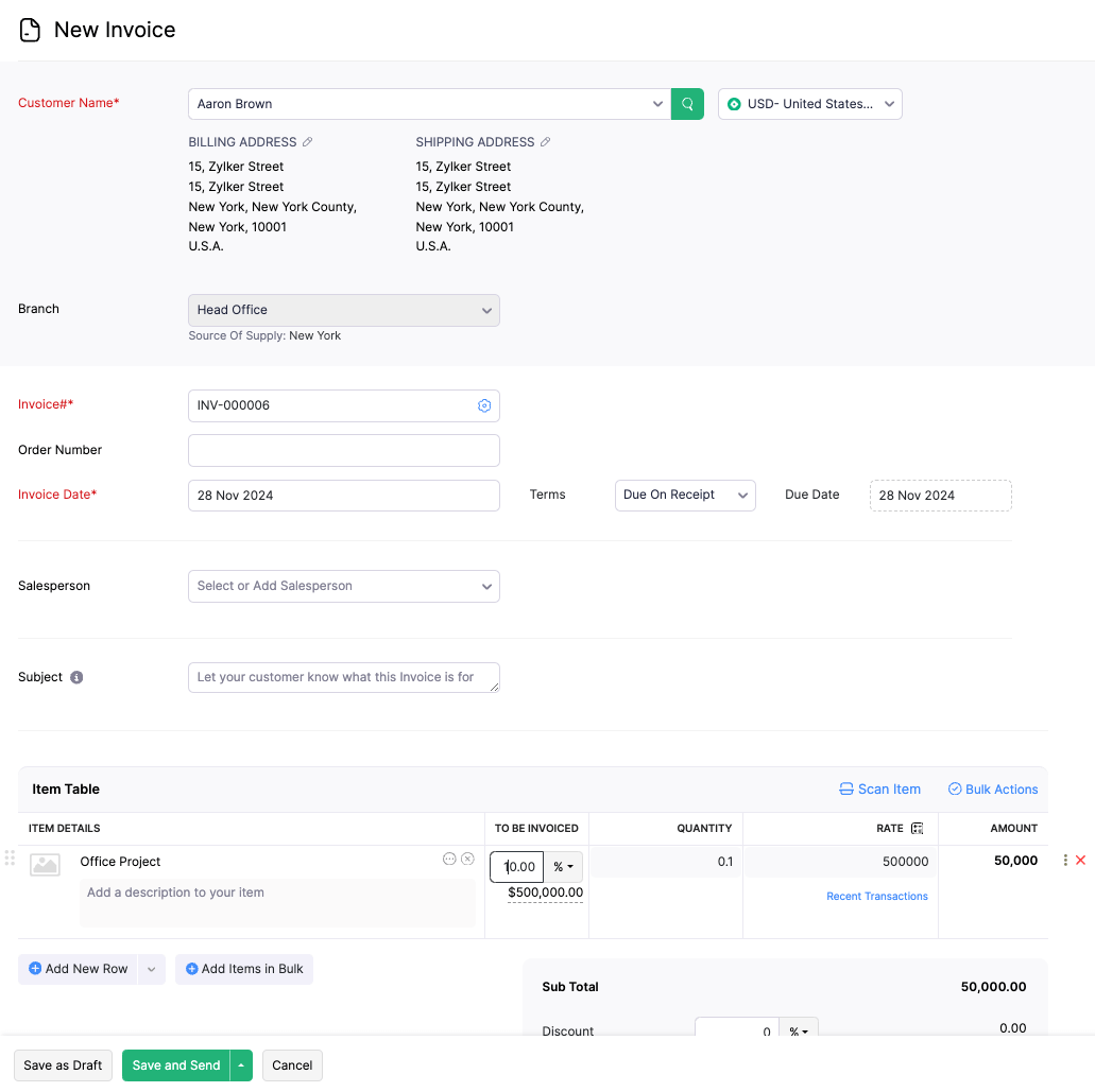 Save Invoice with Custom Line Item Amount
