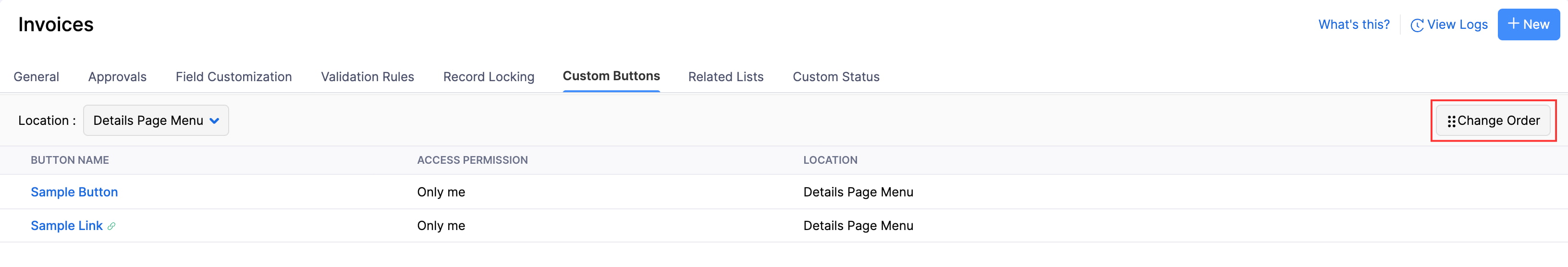The Buttons tab of a module. Click Change Order to update the order in which buttons are displayed in the selected location.