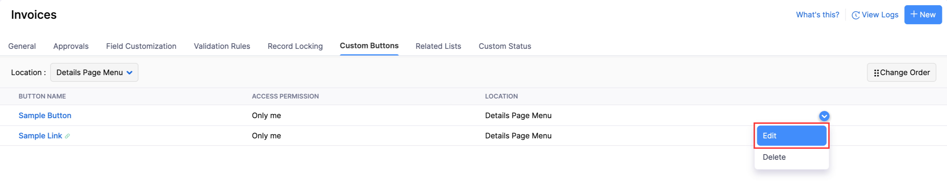 The Buttons tab of a module. Hover over the button, click the Dropdown icon and select Edit to make changes to it.