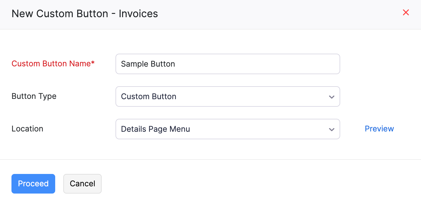 The New Button pop-up. Select Execute Task or Open URL as the Action Type and fill in the other required details.