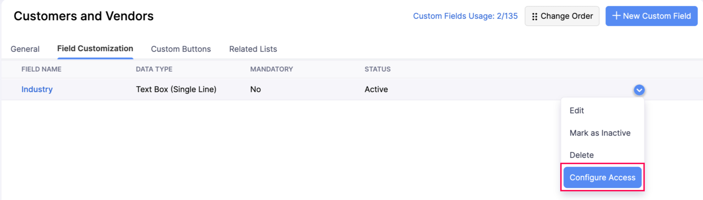 The Fields List page of a module. Hover over the required field, click the dropdown, and select Configure Access to change the access types for roles.