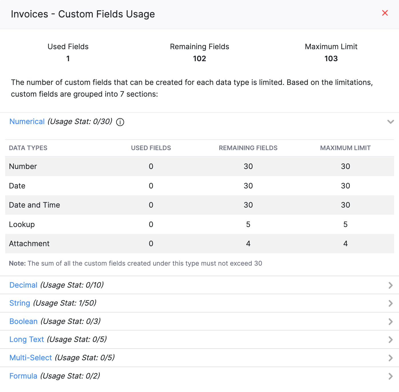 The Custom Fields Usage pop-up of a module. The number of fields available for use, split per section, will be available here.
