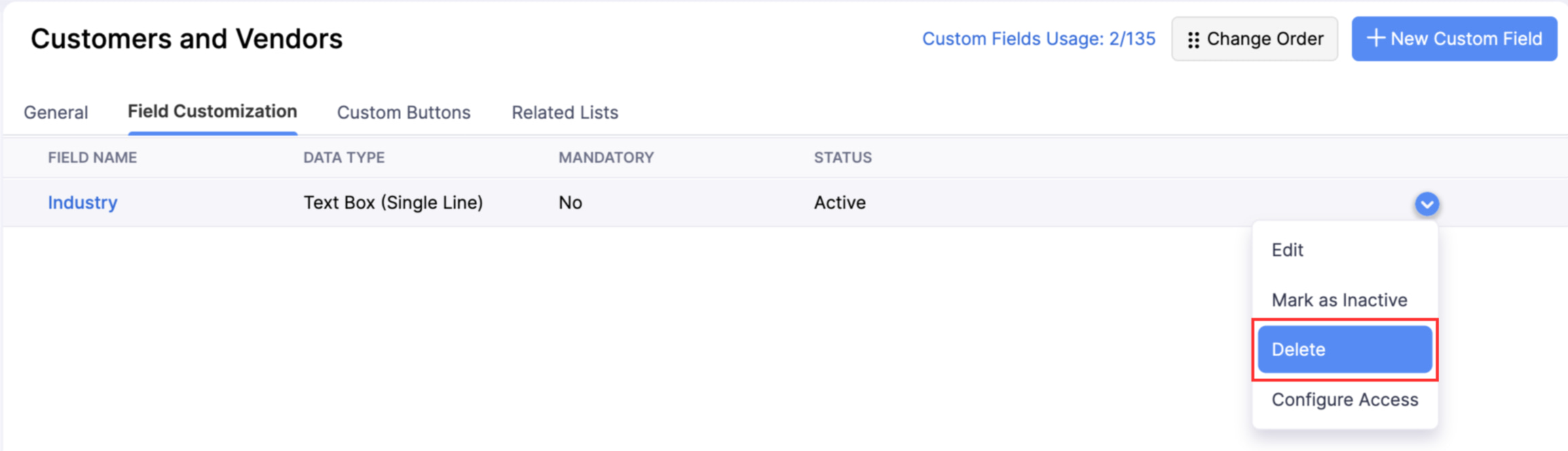 The Fields List page of a module. Hover over the required field, click the dropdown, and select Delete to delete it.