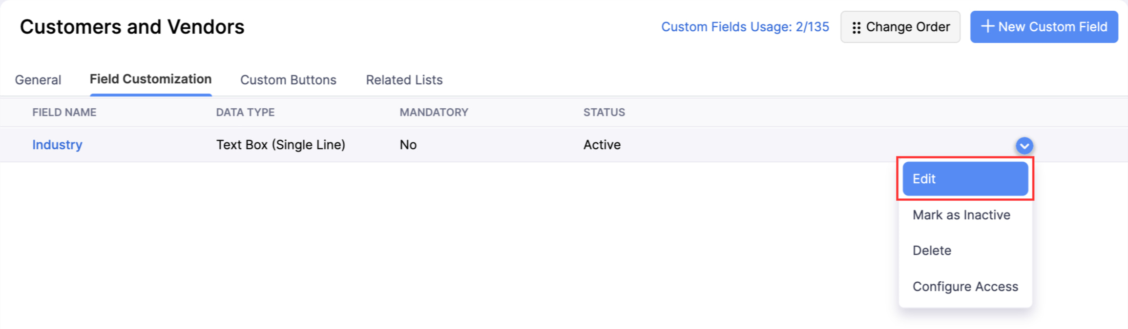The Fields List page of a module. Hover over the required field, click the dropdown, and select Edit to update it.