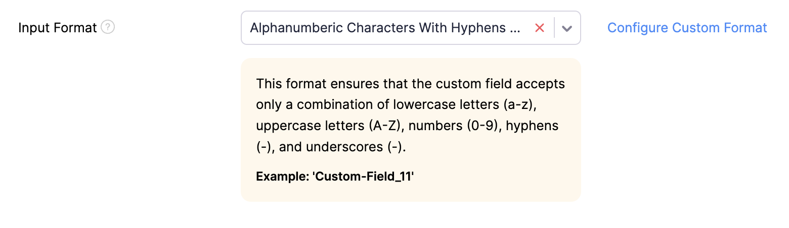 An image of a field with the standard Input Format set to Alphanumeric Characters With Hyphens and Underscores