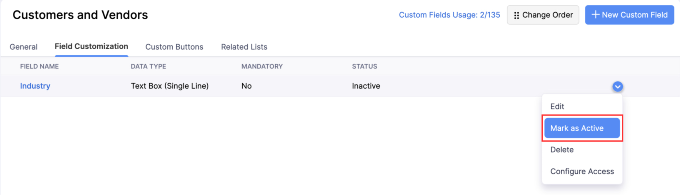 The Fields List page of a module. Hover over the required field, click the dropdown, and select Mark as Active to enable it.