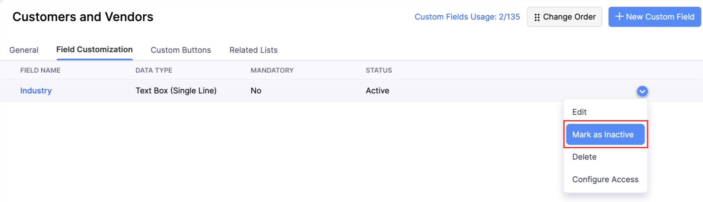 The Fields List page of a module. Hover over the required field, click the dropdown, and select Mark as Inactive to disable it.