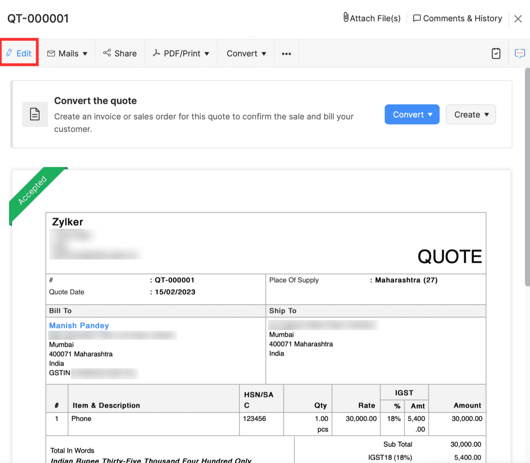 見積もりのその他のアクション | ヘルプ | Zoho Books