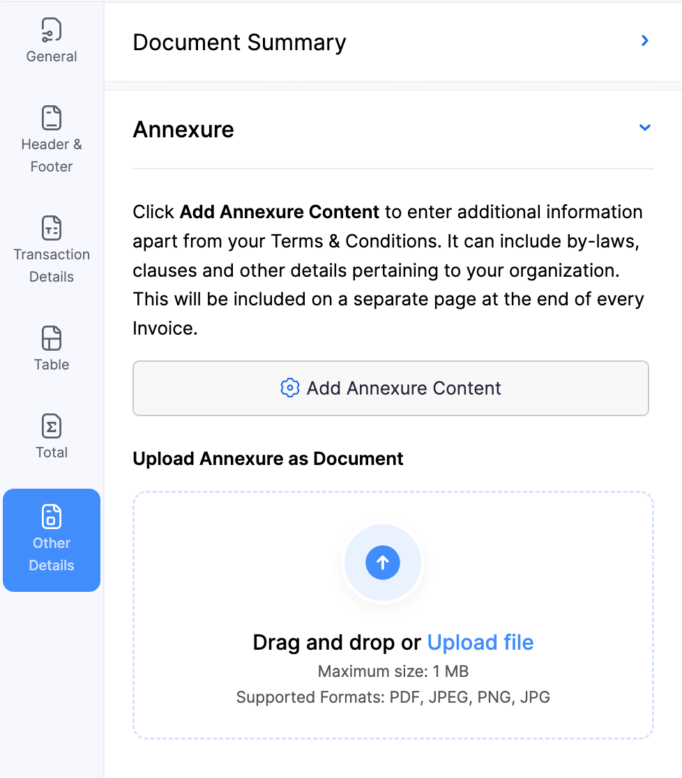 Other Details tab of a PDF Template. Click the Annexure section to enter the annexure content and attach annexure documents.