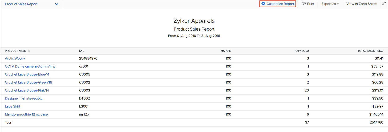 Zoho Inventory - 在庫レポート