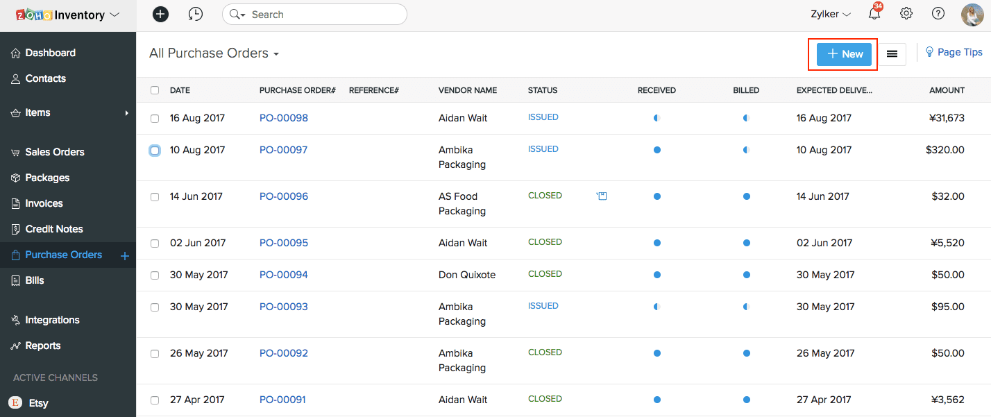 Zoho Inventory - 注文書の管理