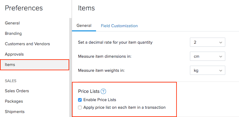 価格表｜ユーザーガイド｜Zoho Inventory