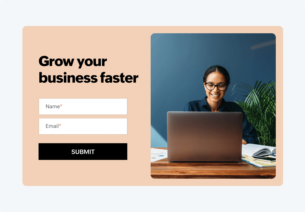 B2B lead-capture landing page example with a Grow your business faster form and product photograph