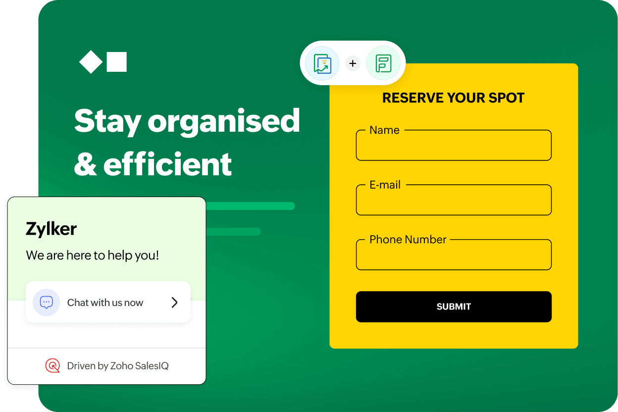 B2B lead form alongside a SalesIQ live chat widget for capturing high-intent visitors