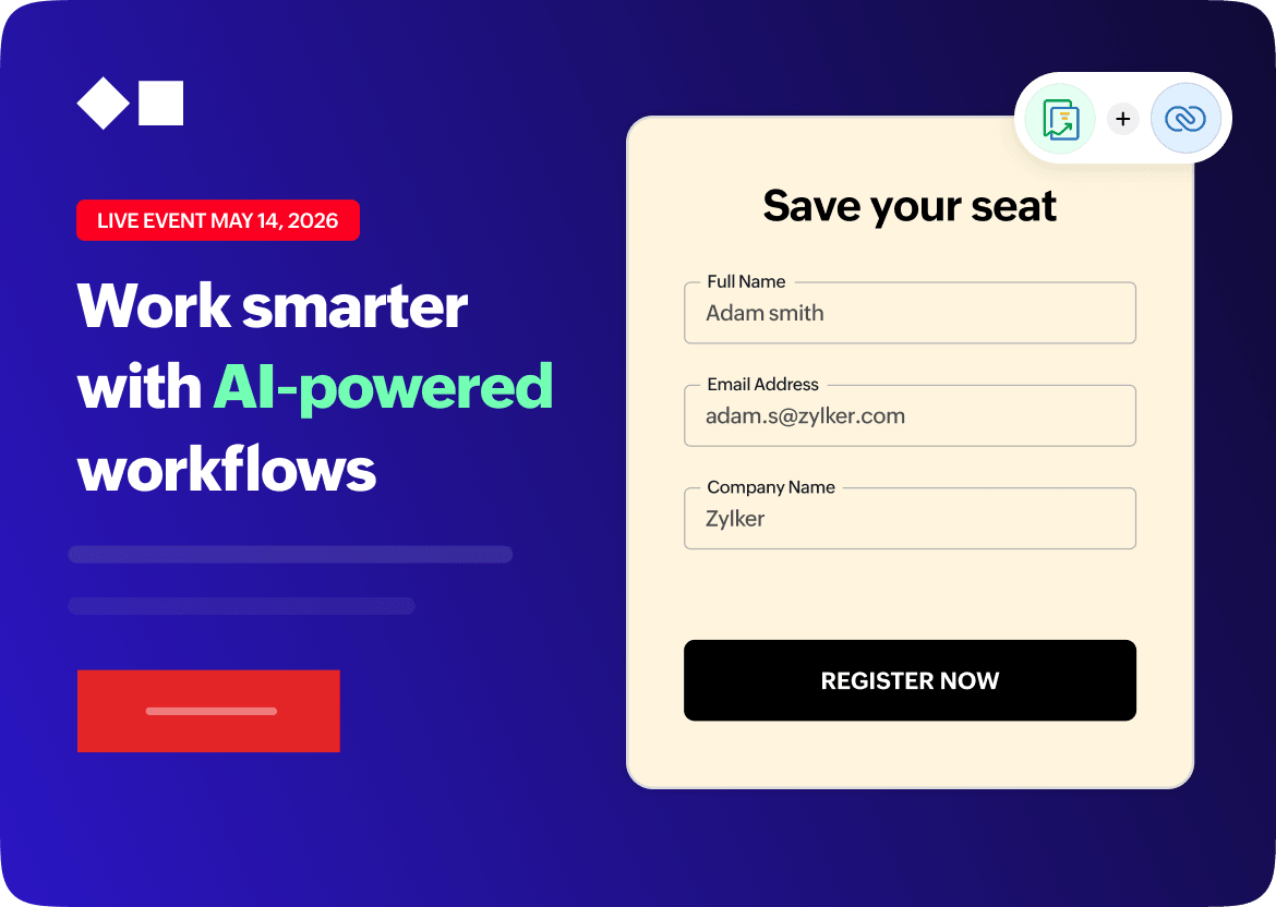 Live-event registration landing page with a Save your seat form connected to CRM workflows