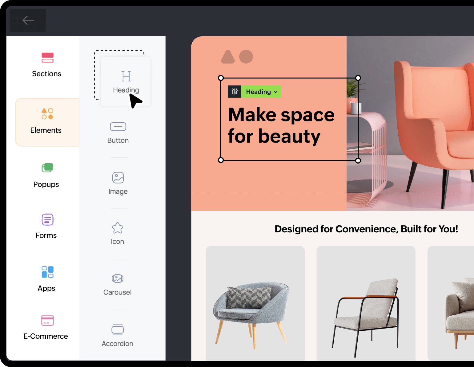 Zoho LandingPage drag-and-drop builder with Sections, Elements, Popups, Forms, Apps and E-Commerce panels beside a page design canvas