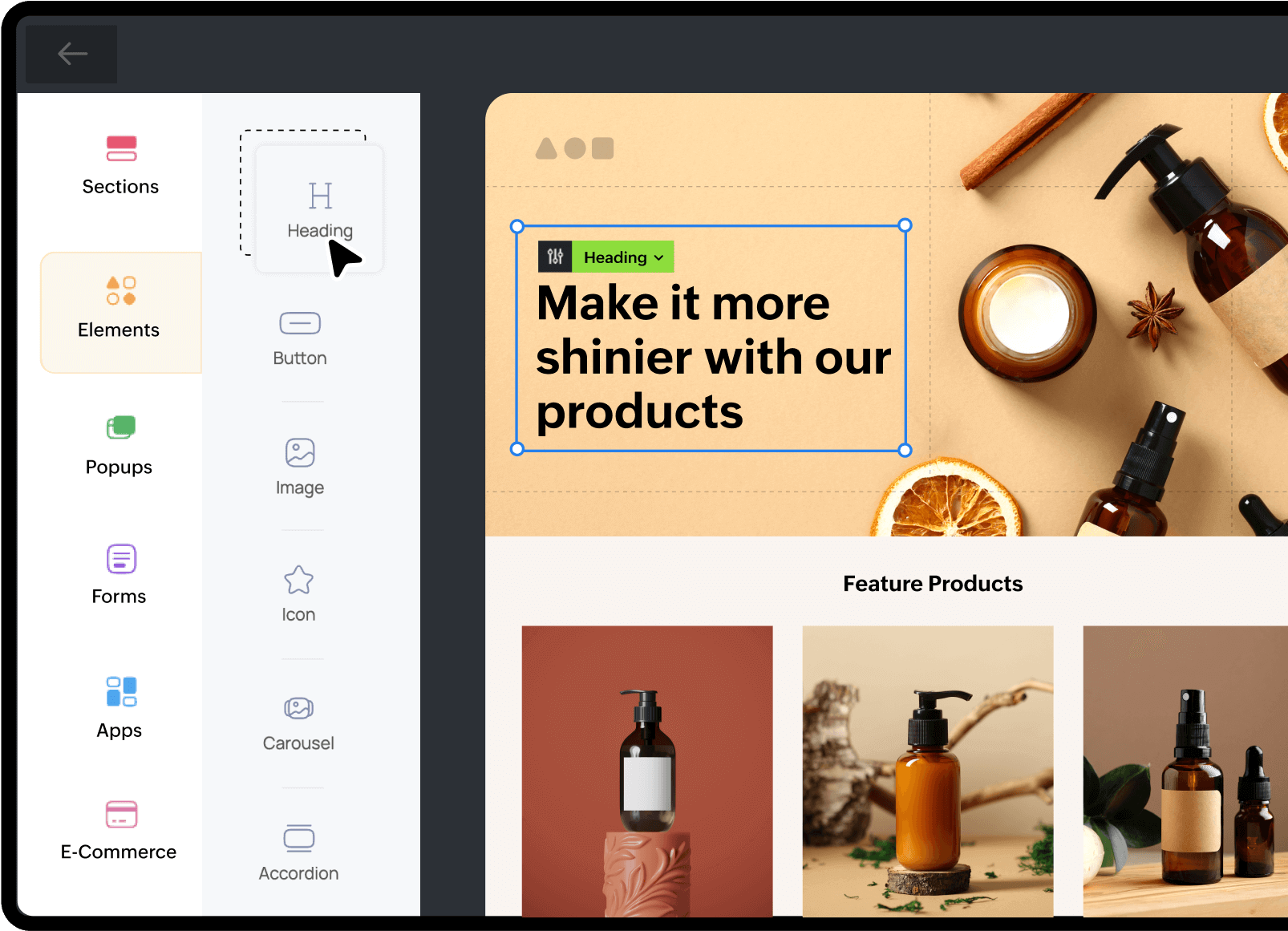 Drag-and-drop website builder with an e-commerce product layout.