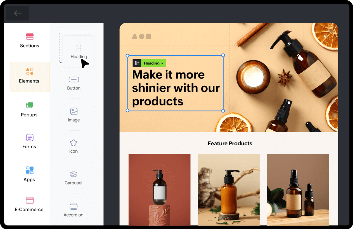 Drag-and-drop website builder with an e-commerce product layout.