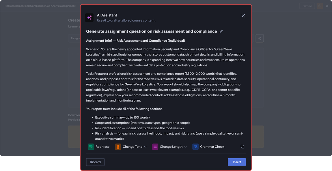 Assignment questions interface