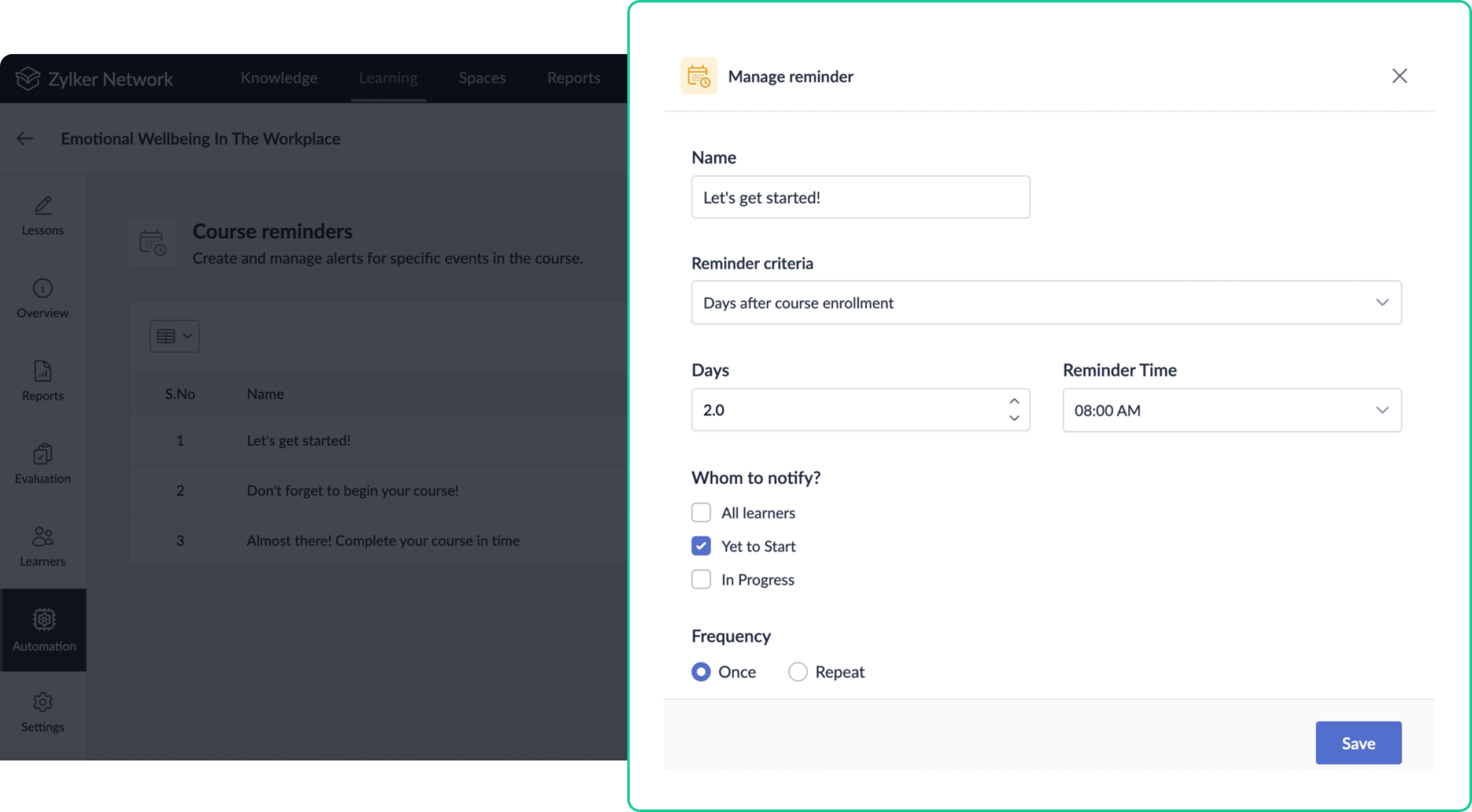 Automated course reminders and notifications