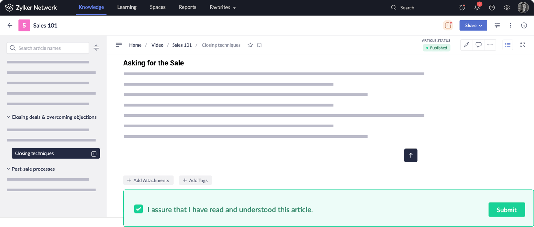 Zoho Learn mandatory reading interface with reader statistics